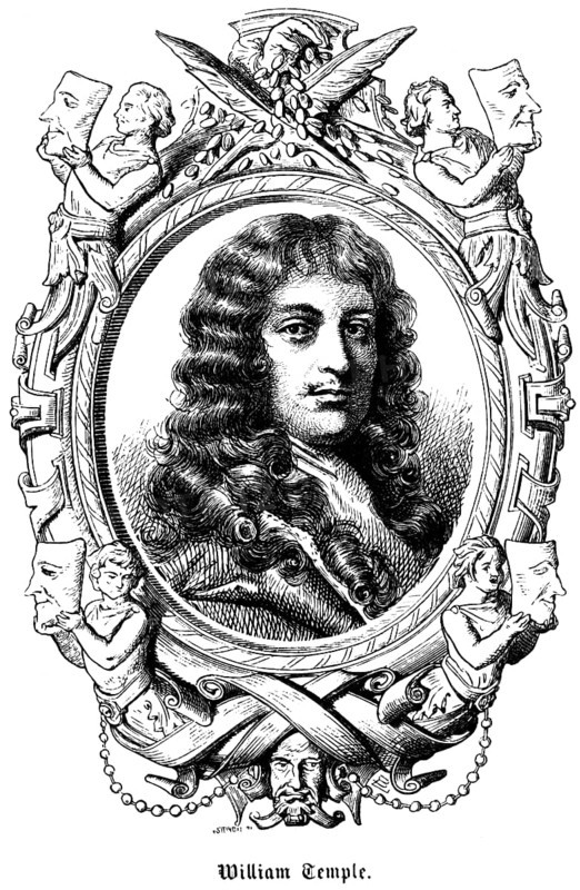 Sir William Temple 1st Baronet (1628 -1699) England, English statesman, writer, diplomat, First Treaty of Aachen of 1668, collaboration with Jonathan Swift, symbols, quill, masks, portrait, historical illustration 1863