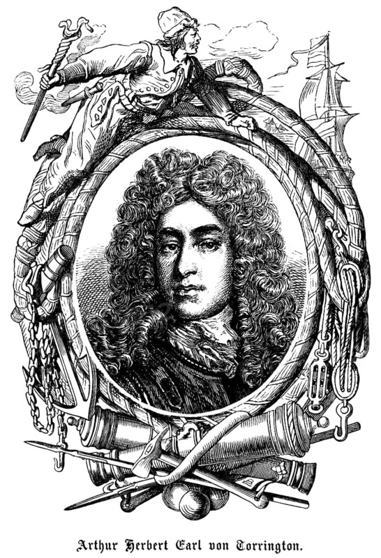 Arthur Herbert Earl of Torrington (ca. 1648 - 1716) England, naval officer of the English Navy, navy, admiralty, symbols, sailing ship, cannon, anchor chain, sailor, portrait, historical illustration 1863