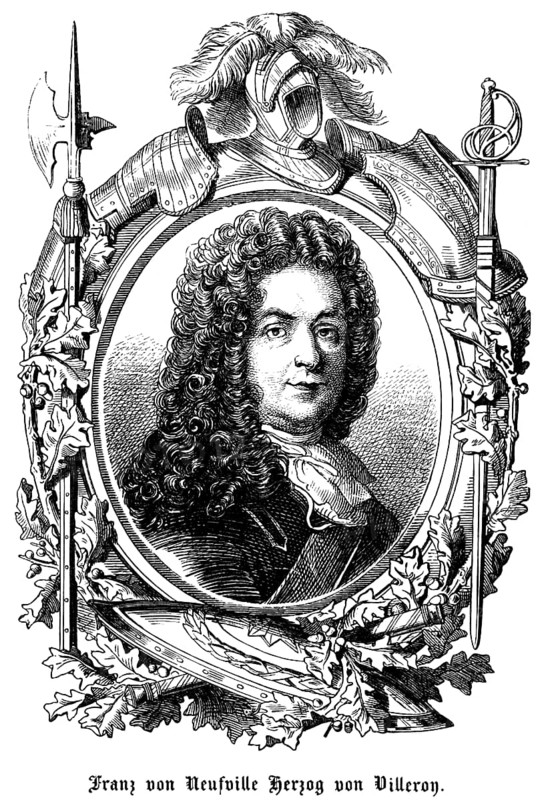François de Neufville, duc de Villeroy, Duke of Villeroy or Villeroi (1644, 1730) France, French high nobility, commander-in-chief of the army, Marshal of France, symbols, pen, helmet, sword, halberd, shield, armour, portrait, historical illustration 1863