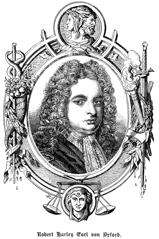 Robert Harley Earl of Oxford (1661, 1724) England, earl, nobility, major, military, Speaker of the House of Commons, Speaker of the House of Commons politician, symbols, Janus head, snake, staff, scales, torch, sword, portrait, historical illustration 1863