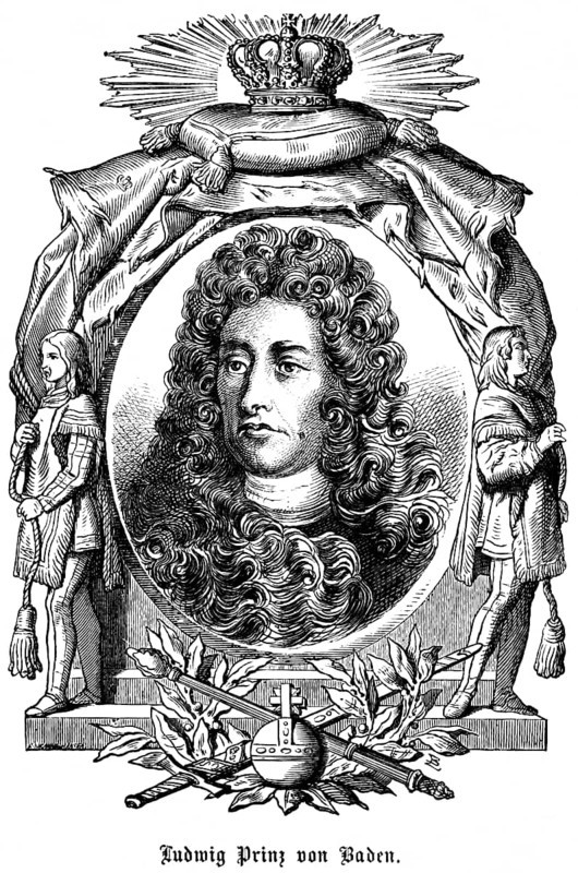 Ludwig Wilhelm von Baden or Baden-Baden (1655, 1707) reigning margrave, lieutenant general of the imperial troops, Holy Roman Empire, Turkish louis, symbols, crown, sceptre, sword, portrait, historical illustration 1863