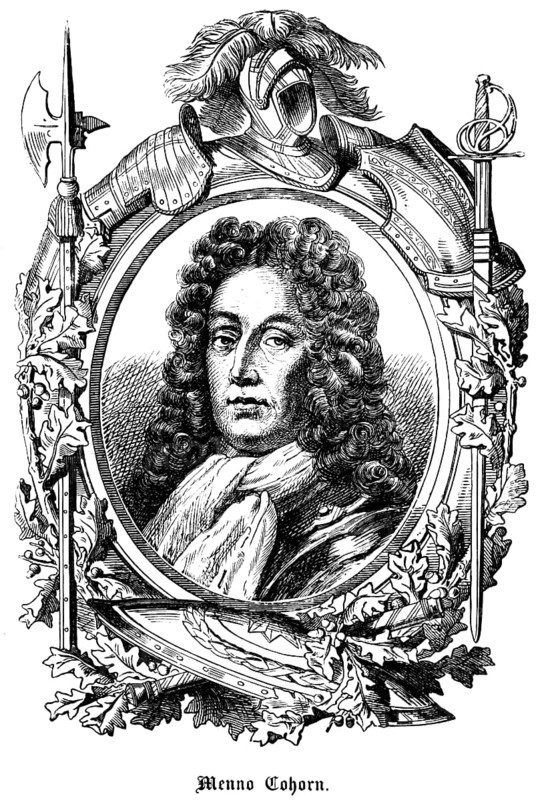 Menno Cohorn or Baron van Coehoorn (1632, 1704) Netherlands, Dutch nobility, engineer, general, military, symbols, pen, helmet, sword, hall bard, shield, armour, portrait, historical illustration 1863