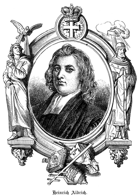 Henry Aldrich (1647, 1710) England, philosopher, musician, composer, theologian, Oxford Philosophical Society, co-founder of the Oxford Philosophical Society, Church of England, Church of England, reworked hymns, famous personage, symbols, crown, cross, papal insignia, Bible, mitre, hand of God, portrait, historical illustration 1863
