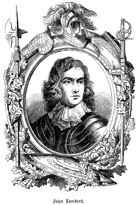 John Lambert (1619, 1684) England, politician, victorious battles, major-general and commander-in-chief, symbols, pen, helmet, sword, halberd, shield, armour, portrait, historical illustration 1863