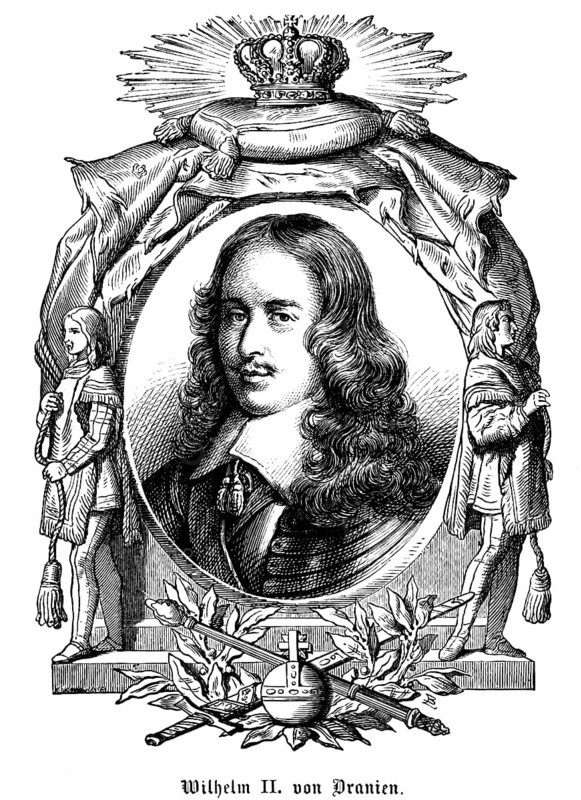 Willem, William II of Orange (1626, 1650) Republic of the United Netherlands, governor, government, Republic of the Seven Provinces, House of Orange-Nassau, unclear governmental relations, disputes, independence, insecurity, symbols, crown, sceptre, sword, portrait, historical illustration 1863