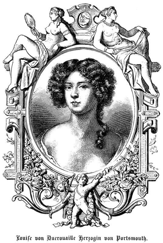 Louise de Kérouaille Duchess of Portmouth, France, mistress of the English King Charles II, King Charles II, suspicion of espionage, symbols, two woman, naked upper body, mirror, angel, bow and arrow, portrait, historical illustration 1863