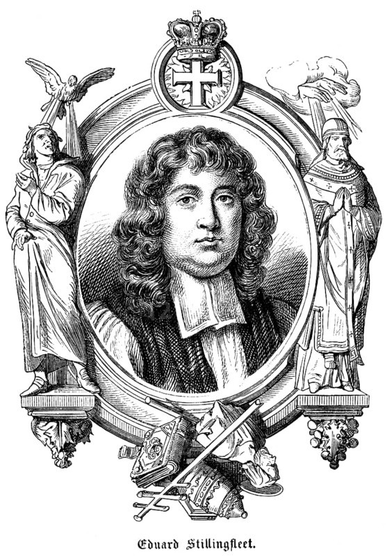 Edward Stillingfleet (1635-1699) England, English theologian, bishop, author, symbols, crown, cross, papal insignia, Bible, mitre, hand of God, portrait, historical illustration 1863