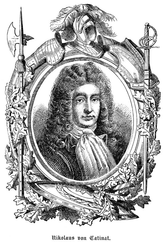 Nicolas III de Catinat de La Fauconnerie (1637, 1712) Nicholas of Catinat, France, Inspector General of the Army, state title of honour Marshal of France, Ancien Régime, symbols, pen, helmet, sword, halberd, shield, armour, portrait, historical illustration 1863