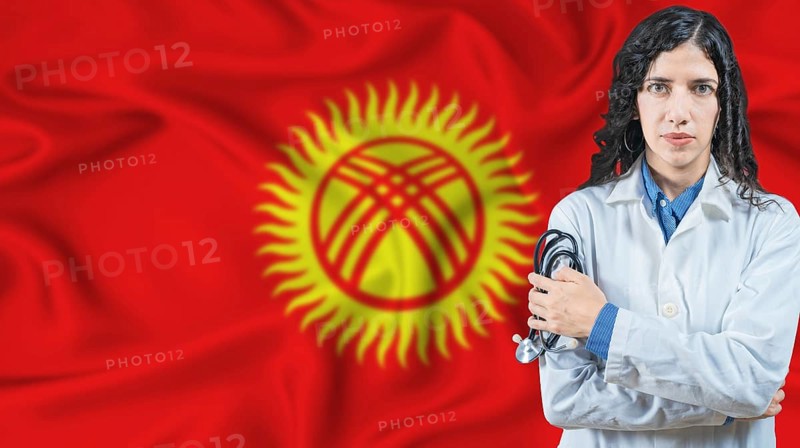Kyrgyzstani national health system, Medical professional on Kyrgyzstani flag background