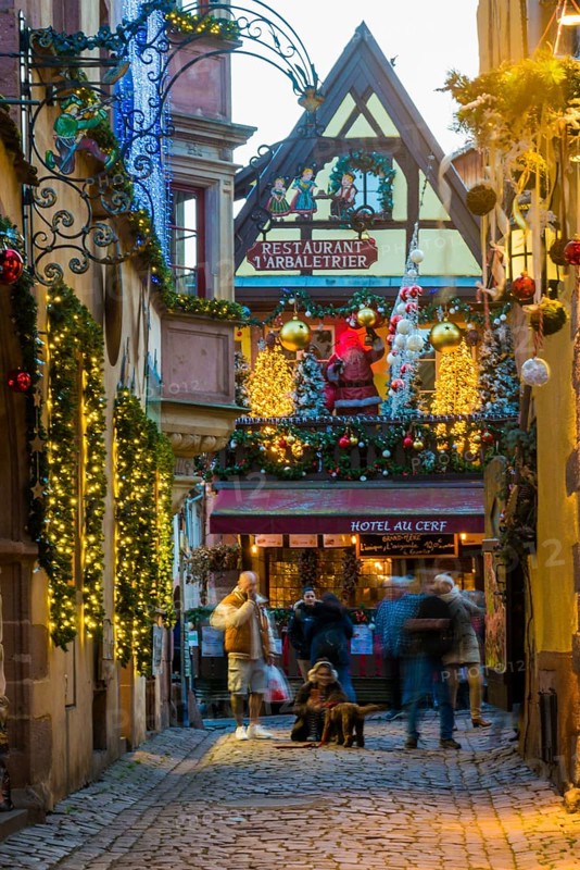 Christmassy decorated half-timbered houses, Christmas market, Riquewihr, Grand Est, Haut-Rhin, Alsace, France