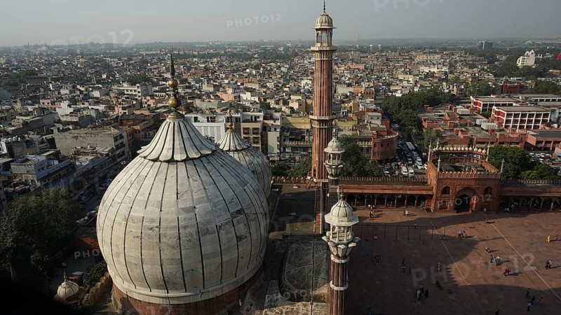 Jama Masjid mosque with minarets amidst a wide panoramic view of the city, Delhi, India