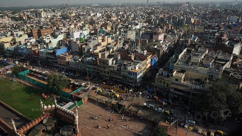 View of Muslim quarter in Delhi with many buildings to the horizon, Delhi, India