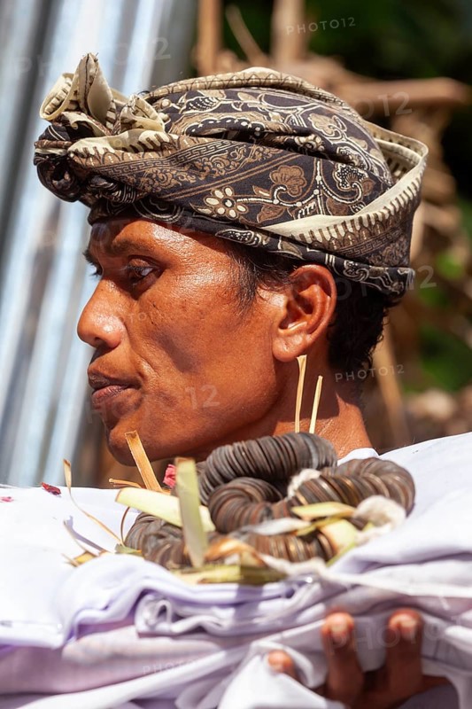 The mortal remains of a deceased person are carried by a relative to an animal sarcophagus (wadha) during the Ngaben ceremony, Gianyar, Ubud, Bali, Indonesia