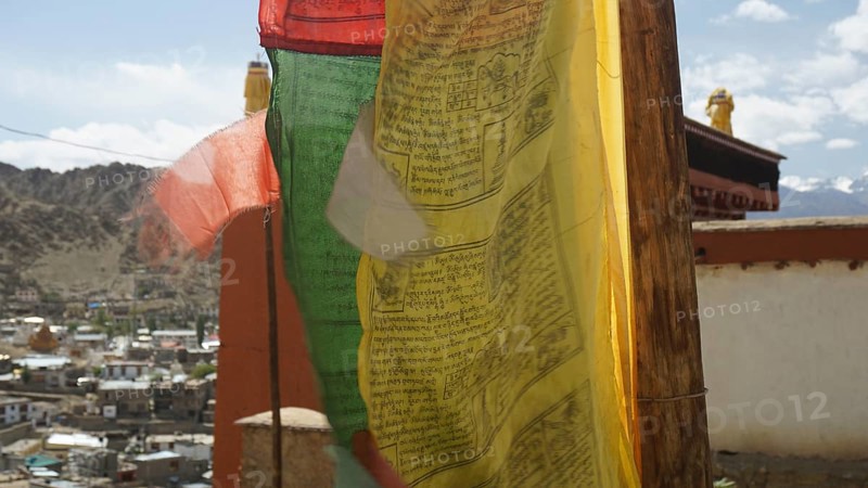 Colourful prayer flags move vividly in the wind against a mountain backdrop, Leh, Ladakh, North India, Himalayas, India