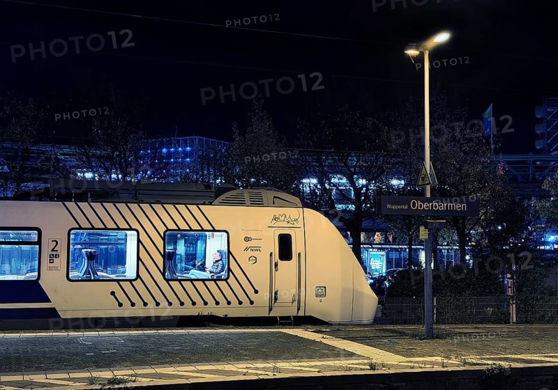 Local train at Oberbamen station at night, Wuppertal, North Rhine-Westphalia, Germany
