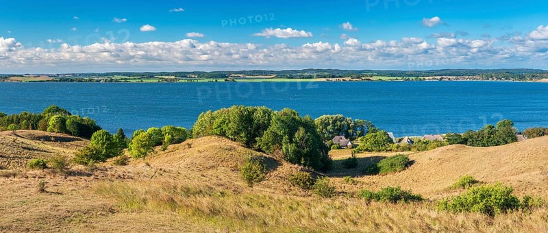 Hilly landscape in the Zicker Mountains, including Zicker Alps, view over the lagoon landscape, in front the village of Gager, Mönchgut nature reserve, Gross Zicker, Mönchgut peninsula, Rügen island, Mecklenburg-Western Pomerania, Germany