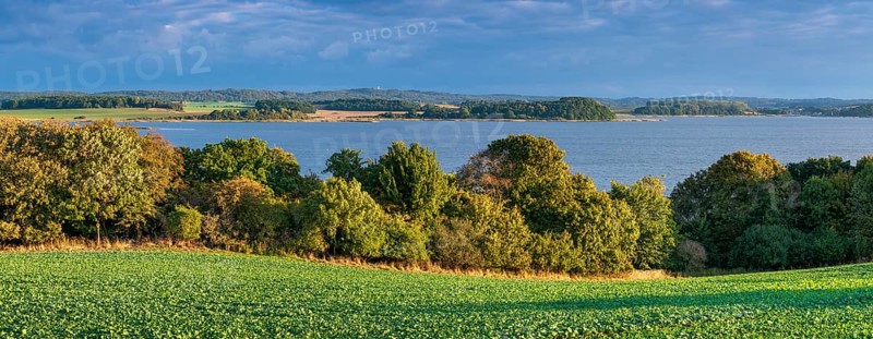 View over green fields and lagoon landscape to Granitz with the hunting lodge, Mönchgut nature reserve, Groß Zicker, Mönchgut peninsula, Rügen island, Mecklenburg-Western Pomerania, Germany