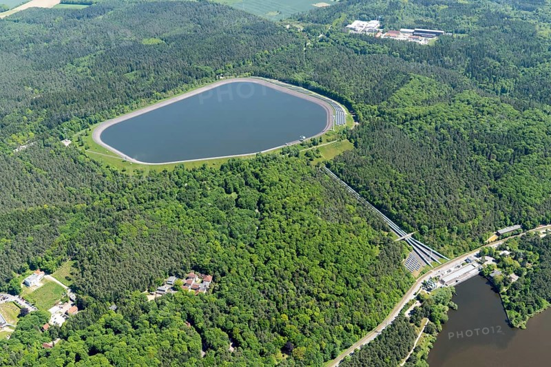 Pumped storage power plant, Geesthacht, energy, storage, electricity, peaks, peak load, environment, upper basin, reservoir, power generation, energy park, energy transition, aerial view, Schleswig-Holstein, Germany