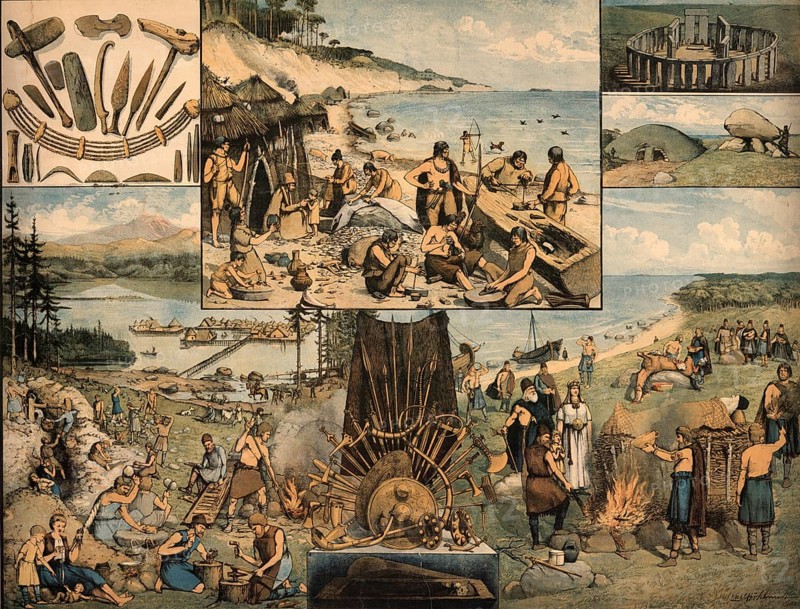Illustrated school blackboard depicting various scenes and objects from the Stone Age, especially the Neolithic or Neolithic, and the Bronze Age, authentic, digitally restored reproduction from a 19th century model, exact date of presentation unknown, historical