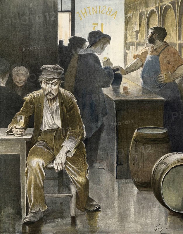On the way to insanity through alcohol abuse, excessive consumption, around 1910, France, authentic, digitally restored reproduction from a 19th century model, exact date of depiction unknown, historical