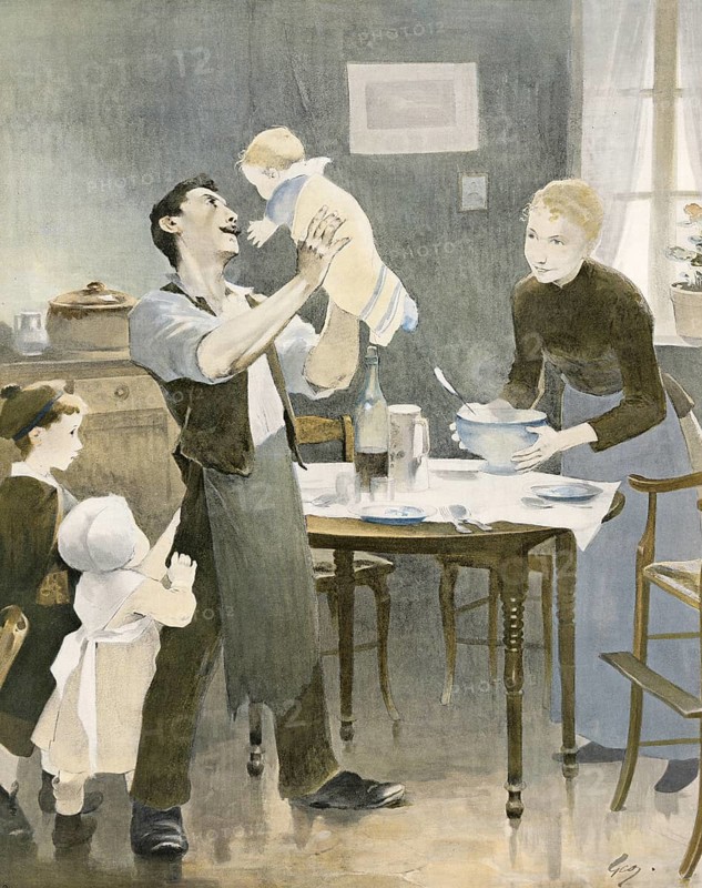 A happy family, father, mother and three children in their home, around 1910, France, authentic, digitally restored reproduction from a 19th century model, exact date of depiction unknown, historical