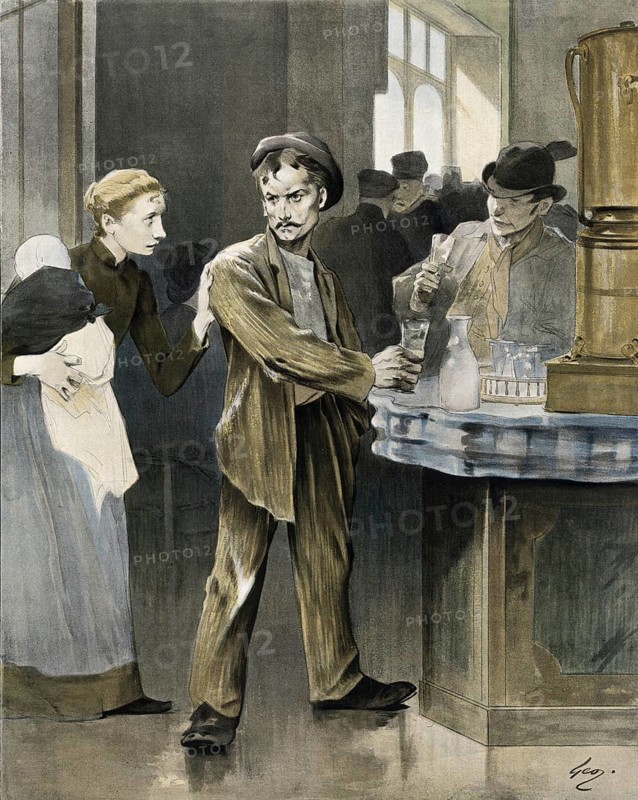 Symbolic alcohol abuse, payday, day on which wages or salaries are paid out. Man standing at a bar counter and his woman with the baby in her arms demands the household money in front of he drinks it, around 1910, France, authentic, digitally restored reproduction from a 19th-century model, exact date of presentation unknown, historical