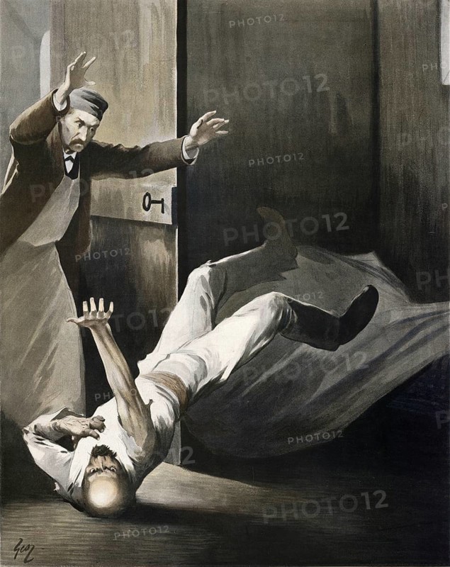 Symbolic alcohol abuse, delirium tremens, alcohol delirium, a life-threatening complication of severe alcoholism that usually occurs 48 to 72 hours after the start of alcohol withdrawal, around 1910, France, authentic, digitally restored reproduction from a 19th century original, exact date of presentation unknown, historical