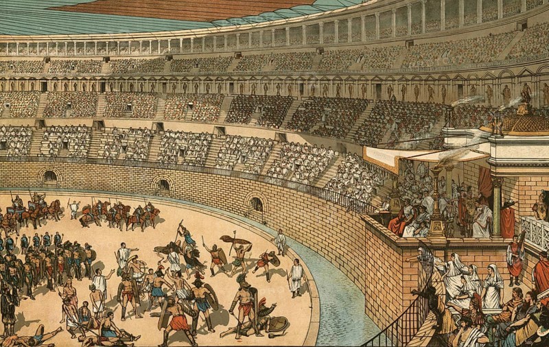 Scene in ancient Rome, presumably the inauguration of the Colosseum, Flavian Amphitheatre, in 80 AD, Italy, authentic, digitally restored reproduction from a 19th-century model, exact date of depiction unknown, historical