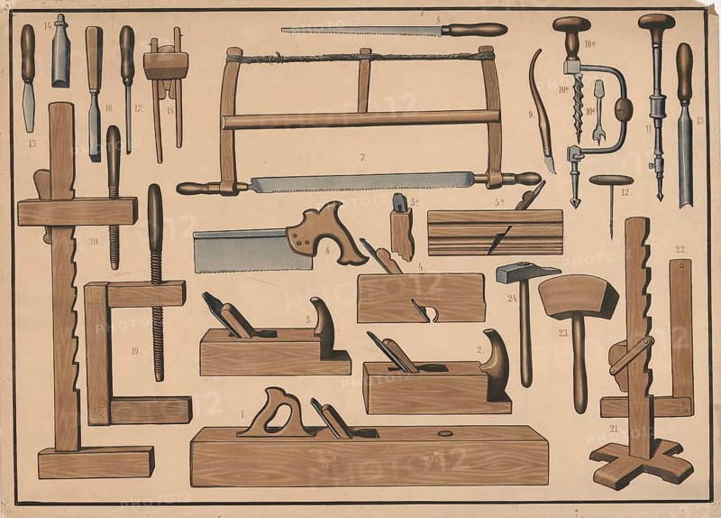 Color lithograph with various woodworking tools typically used by carpenters or carpenters, authentic, digitally restored reproduction from a 19th-century original, exact date of depiction unknown, historical