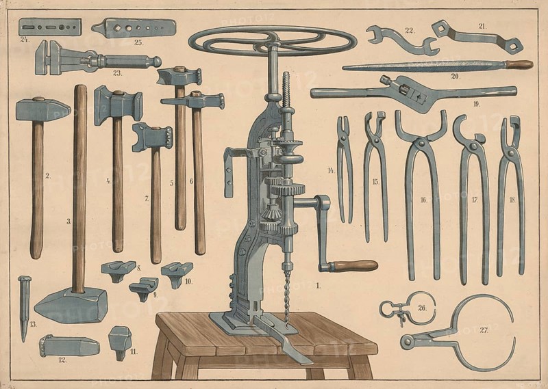 Collection of tools used primarily for metalworking, blacksmith tools, in the middle is a mechanical drill or hand drill with a large handwheel at the top, authentic, digitally restored reproduction from a 19th century original, exact date of depiction unknown, historical