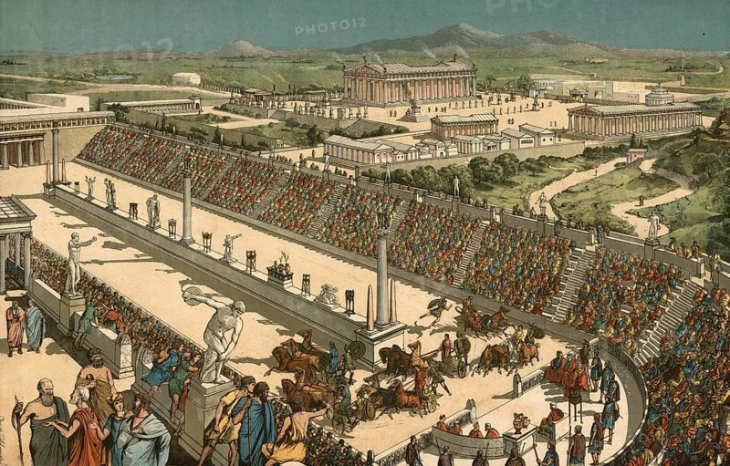 Chariot racing in historic Greece, Athens, authentic, digitally restored reproduction from a 19th century model, exact date of depiction unknown, historical