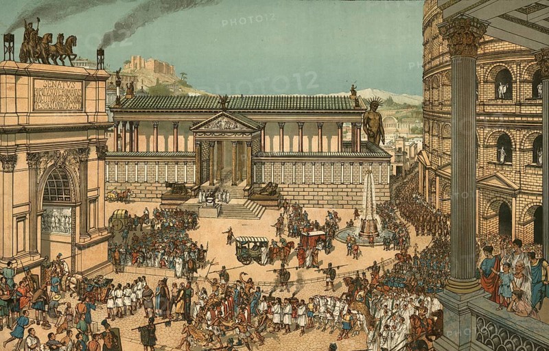 Reconstruction of the Roman Forum, the religious, political and commercial center of ancient Rome, triumphal procession of the emperor, authentic, digitally restored reproduction from a 19th century model, exact date of presentation unknown, historical