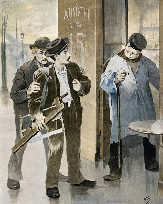 Symbolic alcohol abuse, The first step towards alcoholism, absinthe, around 1910, France, authentic, digitally restored reproduction from a 19th century model, exact date of presentation unknown, historical