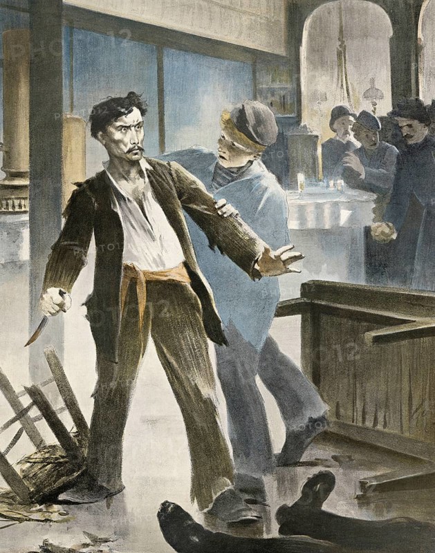 Symbolic alcohol abuse, man rioted while intoxicated and stabbed another man, around 1910, France, authentic, digitally restored reproduction from a 19th-century model, exact date of depiction unknown, historical