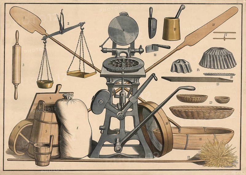 Historical tool board for the bakery trade, the central element is a mechanical dough divider, bread press, which was used around 1900 to 1940 to rationally portion dough pieces, authentic, digitally restored reproduction of a 19th century original, exact date of presentation unknown, historical