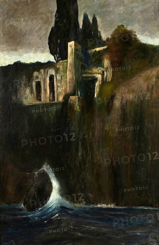 Arnold Böcklin (born 16 October 1827, died January 1901), Swiss painter, draughtsman, graphic artist and sculptor of Symbolism: Landscape, Painting, Reproduction of the painting, Work of art, Historical, Dramatic architecture on a steep rock face, surrounded by waves