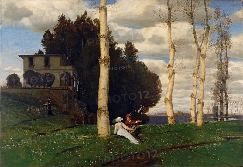 Arnold Böcklin (born 16 October 1827, died January 1901), Swiss painter, draughtsman, graphic artist and sculptor of Symbolism: Spring Day (The Three Life Ages) (1883), Painting, Reproduction of the painting, Work of art, Historical, Two people sitting in a meadow under bare trees, a house in the background under a cloudy sky