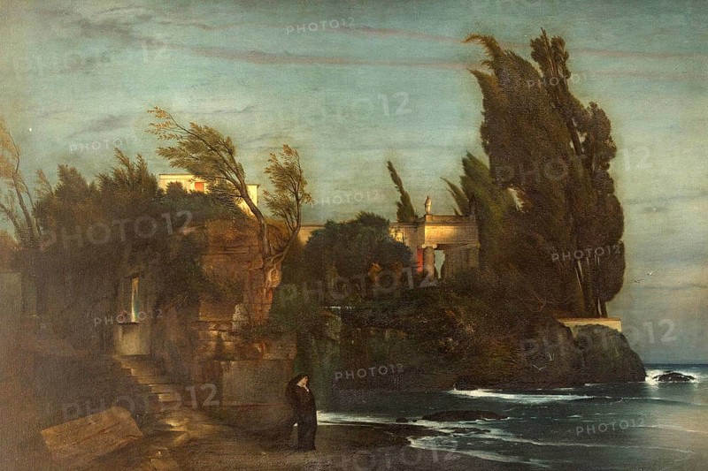 Arnold Böcklin (born 16 October 1827, died January 1901), Swiss painter, draughtsman, graphic artist and sculptor of Symbolism: Fiesole Villa by the sea (1865), Painting, Reproduction of the painting, Work of art, Historical, Mysterious coastal scene at night with buildings and wind in the trees