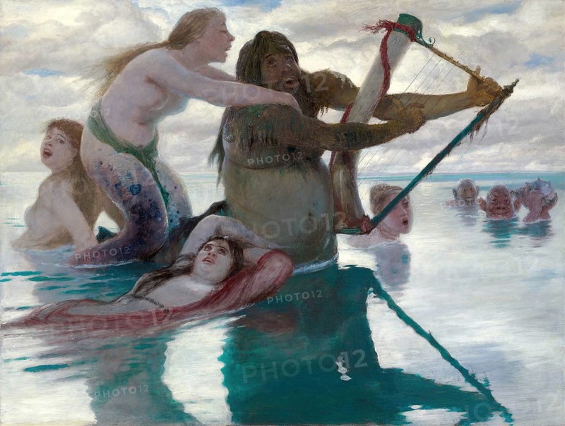 Arnold Böcklin (born 16 October 1827, died January 1901), Swiss painter, draughtsman, graphic artist and sculptor of Symbolism: In The Sea (1883), Painting, Reproduction of the painting, Work of art, Historical, Supernatural scene of people in the sea, with musicians in a sensual pose