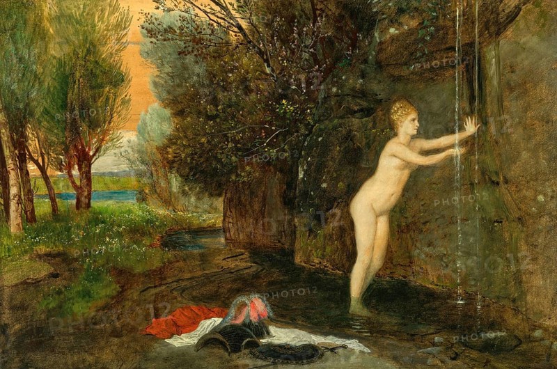 Arnold Böcklin (born 16 October 1827, died January 1901), Swiss painter, draughtsman, graphic artist and sculptor of Symbolism: Am Quell, At the Source) (1879), Painting, Reproduction of the painting, Work of art, Historical, Nude of a woman by a shallow stream in an evening landscape