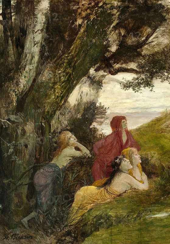 Arnold Böcklin (born 16 October 1827, died January 1901), Swiss painter, draughtsman, graphic artist and sculptor of Symbolism: Dryads (1897), Painting, Reproduction of the painting, Work of art, Historical, Women in nature, lying dreamily under a large tree