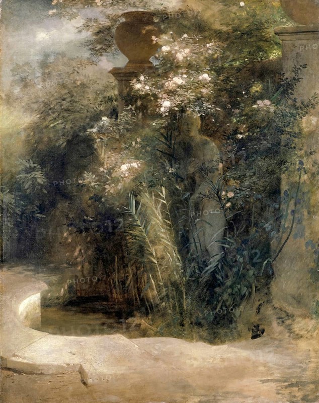 Arnold Böcklin (born 16 October 1827, died January 1901), Swiss painter, draughtsman, graphic artist and sculptor of Symbolism: Venus Abandoned (1860), Painting, Reproduction of the painting, Work of art, Historical, Hidden statue in a lush, flowery garden in the shade
