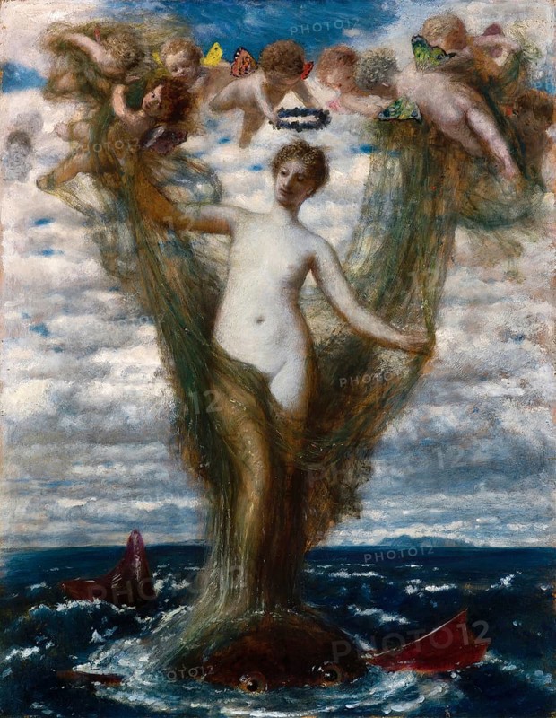 Arnold Böcklin (born 16 October 1827, died January 1901), Swiss painter, draughtsman, graphic artist and sculptor of Symbolism: Venus Anadyomene (1872), Painting, Reproduction of the painting, Work of art, Historical, Mystical scene of a nymph surrounded by children and fish in the sea