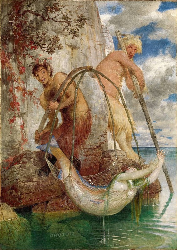 Arnold Böcklin (born 16 October 1827, died January 1901), Swiss painter, draughtsman, graphic artist and sculptor of Symbolism: Two fishing Pans (1874), Painting, Reproduction of the painting, Artwork, Historical, Two satyrs catch a mermaid with a net in front of a rocky backdrop