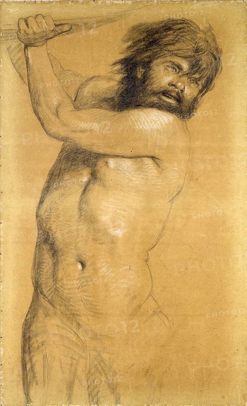 Arnold Böcklin (born 16 October 1827, died January 1901), Swiss painter, draughtsman, graphic artist and sculptor of Symbolism: Triton (1868), Painting, Reproduction of the painting, Work of art, Historical, Dynamic charcoal drawing of a muscular, serious man in motion
