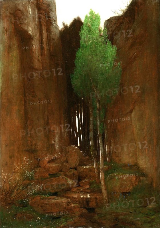 Arnold Böcklin (born 16 October 1827, died January 1901), Swiss painter, draughtsman, graphic artist and sculptor of Symbolism: Spring in a Narrow Gorge, (1881), Painting, Reproduction of the painting, Work of art, Historical, Narrow path through a rocky gorge with tall slender trees and a peaceful atmosphere