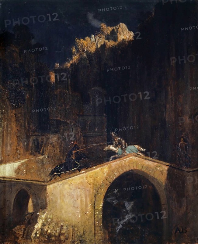 Arnold Böcklin (born 16 October 1827, died January 1901), Swiss painter, draughtsman, graphic artist and sculptor of Symbolism: The Fight on the Bridge (1882-1885), Painting, Reproduction of the painting, Work of art, Historical, Horsemen crossing a bridge in a dark, rocky night landscape with high contrast