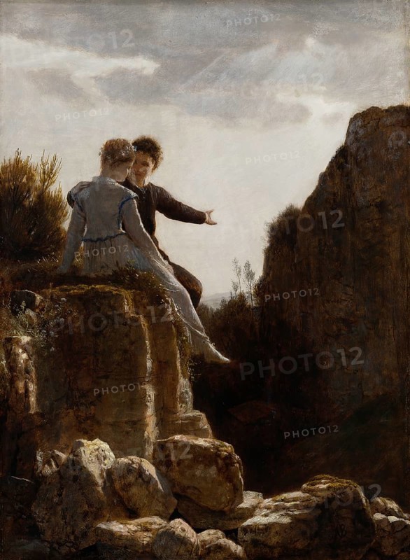 Arnold Böcklin (born 16 October 1827, died January 1901), Swiss painter, draughtsman, graphic artist and sculptor of Symbolism: The Honeymoon (ca. 1875 - 1876), Painting, Reproduction of the painting, Work of art, Historical, Two children sitting on rocks, engrossed in conversation, in front of an impressive rocky landscape