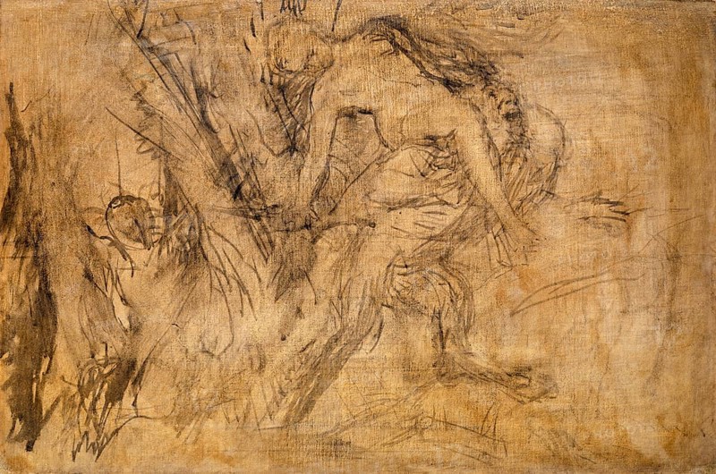 Arnold Böcklin (born 16 October 1827, died January 1901), Swiss painter, draughtsman, graphic artist and sculptor of Symbolism: Study for 'Nymph on the Shoulders of Pan' (1874), Painting, Reproduction of the painting, Work of art, Historical, Rough charcoal drawing of a person by a tree, suggestive and sketchy