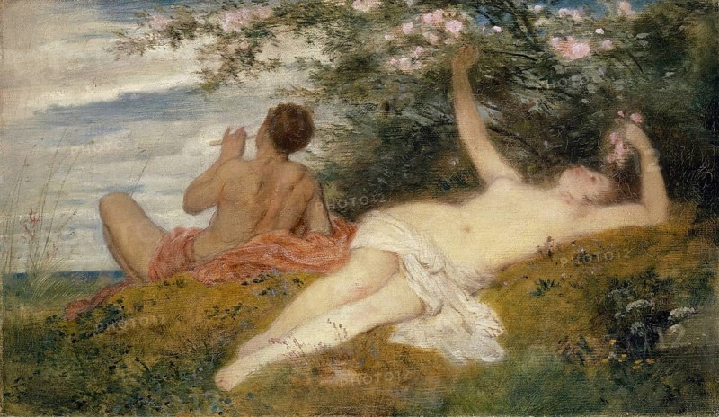 Arnold Böcklin (born 16 October 1827, died January 1901), Swiss painter, draughtsman, graphic artist and sculptor of Symbolism: Spring (1862), Painting, Reproduction of the painting, Artwork, Historical, A couple relaxes in nature, the man plays the flute while the woman enjoys nature